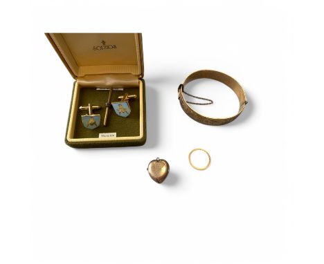 22ct Yellow Gold Wedding Band Size L, 9ct Back & Front Heart Shaped Locket, 9ct Metal Core Bangle And Plated Cufflinks.  Ring