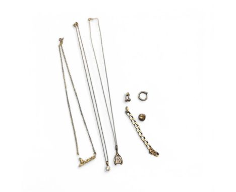 Collection Of 9ct Yellow Gold And Yellow Metal Including Two Pendants On Chains Marked 9ct A Partial Link Chain Unmarked Test