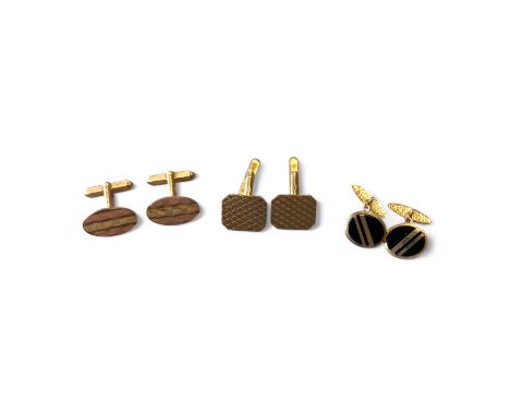        Five pairs of 9ct yellow gold cufflinks of various designs and a pair of gold-plated cufflinks, the weight of 9ct cuff