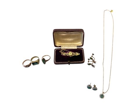 A set of 9ct diamond &amp; green stone earrings 2.1g and matching diamond &amp; green stone pendant on 750 (18ct) yellow gold