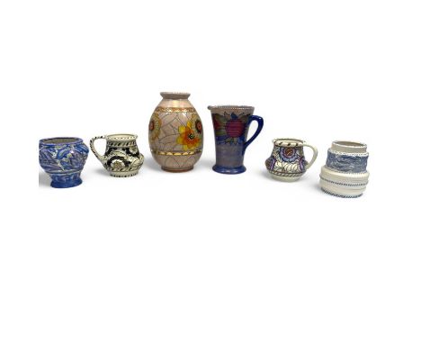 Charlotte Rhead for Crown Ducal, a collection of vases and jugs, comprising two Tudor Rose jugs, each in a different colour p