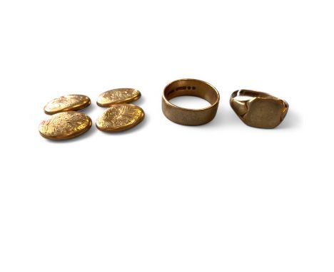 Two 9ct Gold Rings And A Pair Of 9ct Gold Cufflinks.  Band And Cufflinks Dented And Signet Ring Band Split.  Weight: 11.6g