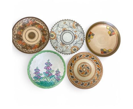 Charlotte Rhead for Crown Ducal, a collection of five various wall plates or chargers, comprising one of each of the followin