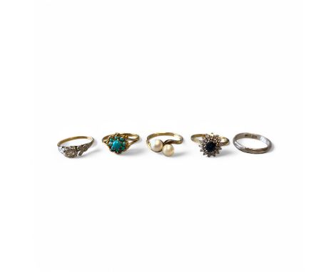        Four gold gem set rings, including a turquoise set ring on a 9ct yellow gold shank; An 18ct gold illusion set diamond 