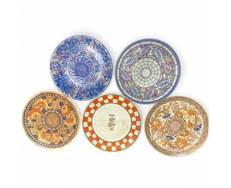Charlotte Rhead for Crown Ducal, a collection of five various wall plates or chargers, comprising one of each of the followin