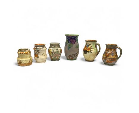 Charlotte Rhead, six assorted vases and jugs, to include a 3797 Hydrangea pattern vase, a jug decorated with a basket of flow