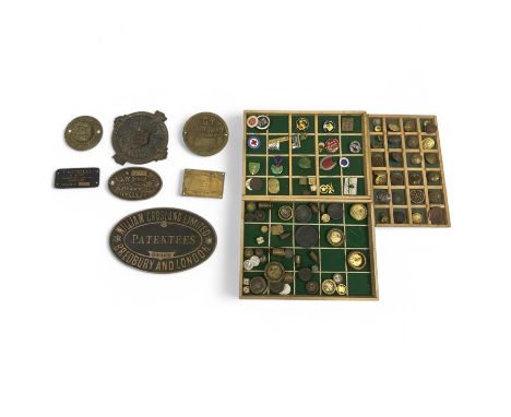 A collection of assorted items, military buttons, various brass building plaques, cigarette cards, a Nepalese medal, various 