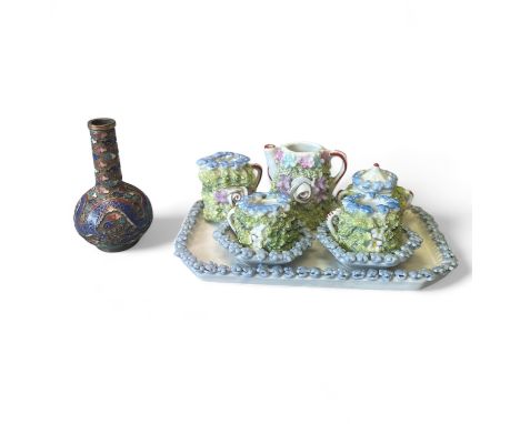 A miniature Moss ware cabaret tea set (missing teapot lid) and a miniature cloisonn&eacute; bottle vase, approximately 7cm ta