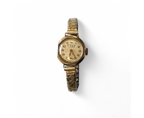       A 9ct yellow gold ladies manual wind EMKA wristwatch on a yellow gold-plated strap, 20mm case.  