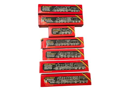 7 Boxed Hornby Railways OO Gauge Locomotives. To Include R. 063 B.R. Loco Britannia, R.759 G.W.R. Loco Albert Hall, R.857 B.R