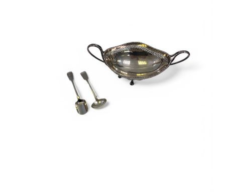 A pierced silver twin handled basket, by Atkin Brothers, Sheffield, 1908, together with a fiddle pattern sauce ladle and a ca