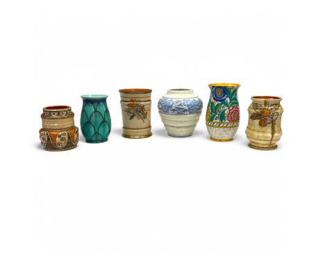Charlotte Rhead for Crown Ducal, six vases, comprising a 4040 Persian Rose example, one decorated with a band of blue flowers