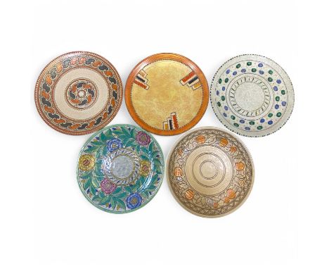 Charlotte Rhead for Crown Ducal, a collection of five various wall plates or chargers, comprising one of each of the followin