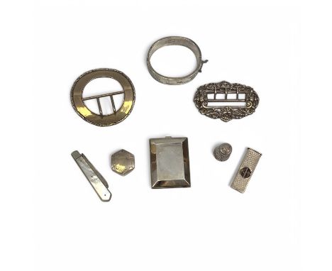 Collection Of Sterling Silver To Include 2 Silver Buckles, Silver Matchbox Holder, Silver Fruit Knife, Silver Thimble, Silver
