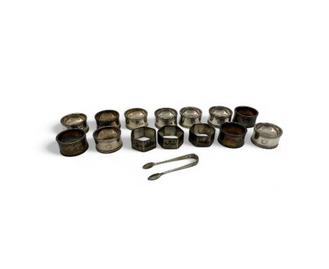 A set of eleven Mappin &amp; Webb for Union Castle Line silver plated napkin rings, together with three white metal niello he