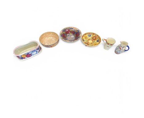 Charlotte Rhead for Crown Ducal, a collection of ceramics to include a 3321 Granada pattern bowl, a 6189 Mexican pattern foot