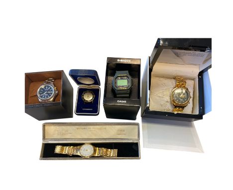 Collection Of Watches To Include A Casio G Shock Protection, A Kinetic Seiko, A Credos Automatic Missing Strap, Aston Gerard 