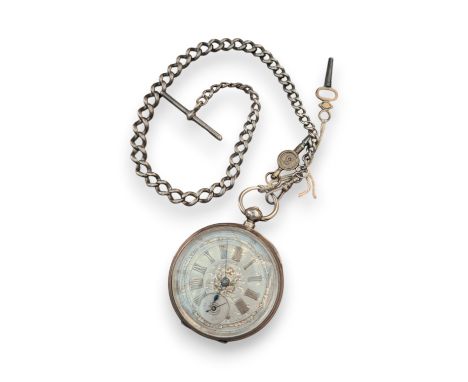 A silver pocket watch, with Dutch hallmarks, engine turned verso, together with a silver Albert chain, approximately 139g