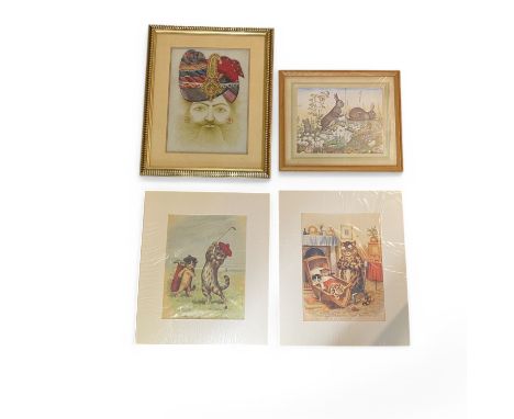 A group of assorted pictures and other wall art, comprising a painted wooden panel depicting The Tiger locomotive, two unfram