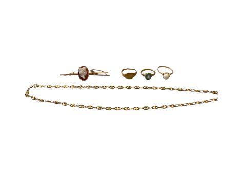 A collection of yellow gold jewellery including, a&nbsp;9ct yellow gold chain approx 5g, a yellow gold signet ring size K 2.3