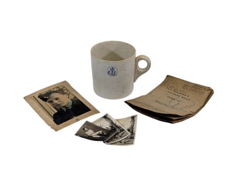 A WWII RAF mug, emblazoned with RAF insignia, formerly belonging to Jack Hase and together with a photo of the former owner, 