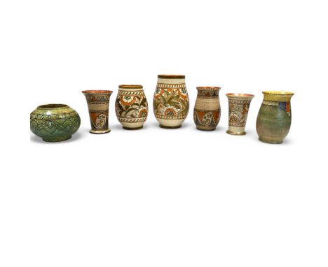 Charlotte Rhead for Crown Ducal, a collection of assorted vases, comprising three 4491 Tudor Rose pattern examples, two in 49