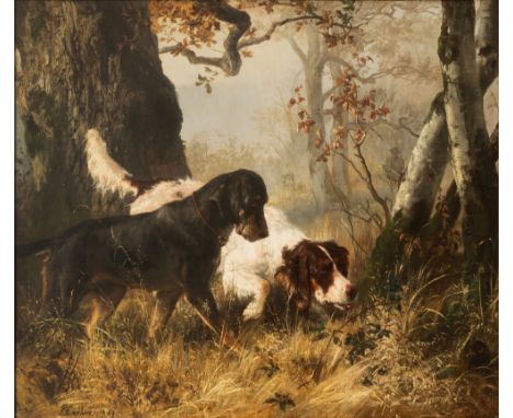 Carl Friedrich Deiker (1836 Wetzlar - 1892 Düsseldorf)Zwei Jagdhunde im Wald, Öl auf Leinwand, 66,5 cm x 77 cm Leinwandmaß, s