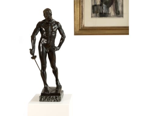 Hugo Lederer (1871 Znaim, Tschechien - 1940 Berlin)'Fechter', Bronze, dunkelbraun patiniert, auf Marmorsockel, Höhe (mit Sock