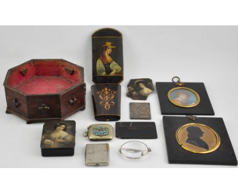 A 19th Century German papier mache snuff box painted with a portrait of a young lady "nature's favourite", together with a mi