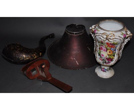 A section of a Victorian tinplate gramophone horn, a Paragon patent stereoscopic viewer, and a 19th Continental porcelain lam