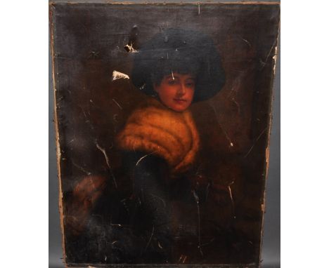 19th Century English School. portrait of a young lady with fur stole, unframed oil on canvas, 80 x 60cm