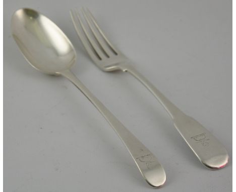 An 18th Century silver fork, together with a similar spoon (2)