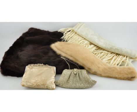 A Canadian fur company stole, a fur collar and an embroidered wool scarf and two vintage evening purses 