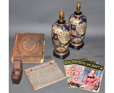 A pair of late Satsuma baluster shape table lamps, H. 45cm, together with a brass-bound Family Bible, a vintage wood plane, a