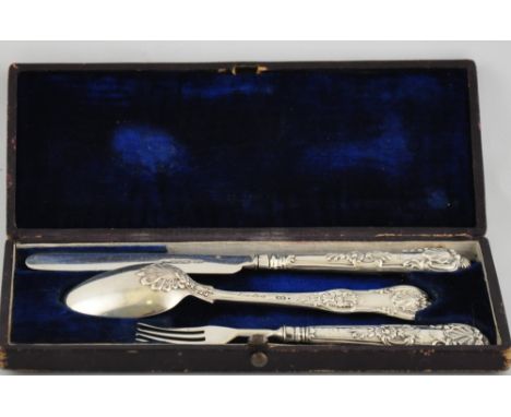 A cased Victorian kings pattern silver christening knife, fork and spoon set