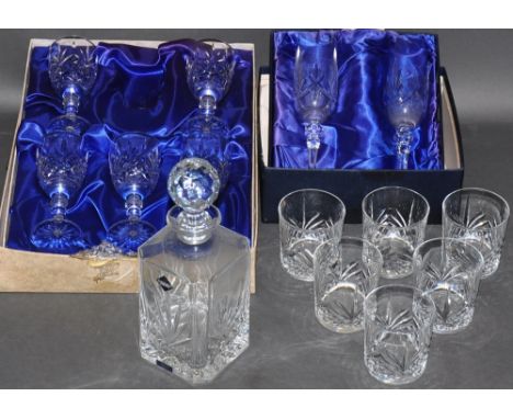 An Edinburgh Crystal decanter and six matching tumblers, together with five similar wine goblets, and two Bohemia Crystal cha