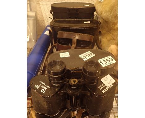 Five pairs of binoculars, including Zenith 10 x5 field, Prinz 8 x30, unnamed pair, Tasco 7 x 35 model number 110 and Prinzlux