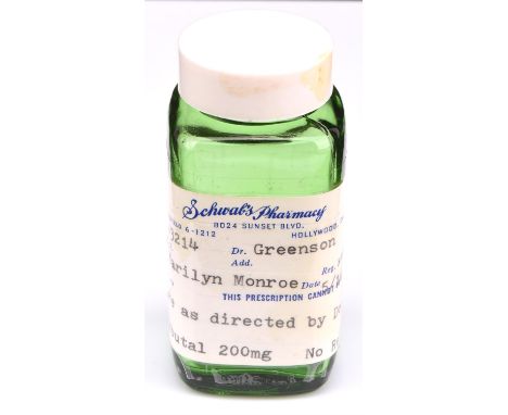  Marilyn Monroe - Personal Item - Green glass prescription pill bottle, owned and used by Marilyn Monroe, from the private co