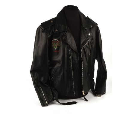 Sticky Fingers Cafe (Bill Wyman of The Rolling Stones restaurant)  - Leather jacket, black, biker style, embroidered logos to