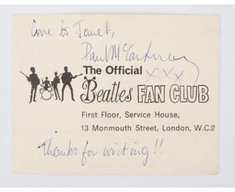 The Beatles  Paul McCartney Autographed Official Beatles Fan Club photo. card, with Signed dedication on reverse, Love to Jan