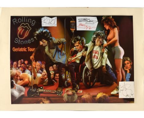 The Rolling Stones - A tour poster with autographs of Ronnie Wood, Mick Jagger, and Charlie Watts, dated 1993 each on separat