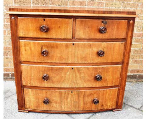 MAHOGANY BOWFRONTED CHEST OF TWO SHORT OVER THREE LONG GRADUATING DRAWERS, 105cm x 112cm x 54cm