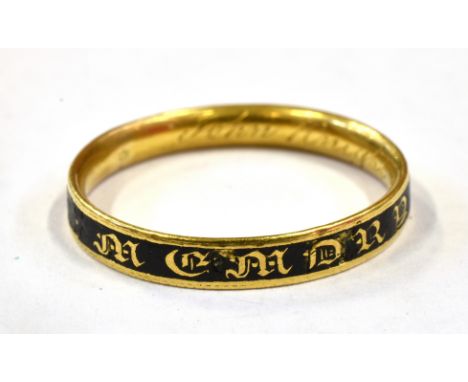 A LATE GEORGIAN MOURNING RING  The uniform shank with black enamel and raised wording 'In Memory of' the inner shank engraved