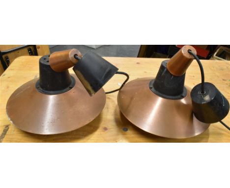 TWO DANISH COPPER PLATED LIGHT PENDANTS  27cm diameter Condition Report : oxidised/corroded throughout. Looks like copper, bu