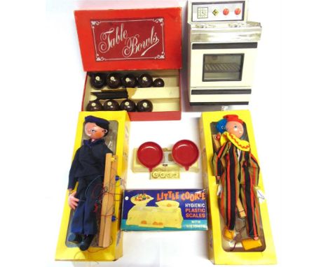 ASSORTED TOYS  comprising a Pelham Puppet sailor, boxed; Pelham Puppet clown, boxed (the box with a torn acetate window); Cas