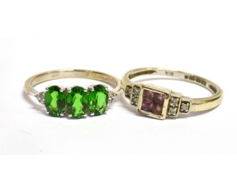 TWO 9CT WHITE GOLD AND COLOURED STONE AND DIAMOND SET RINGS  Comprising a chrome dropside three stone, size O; and a small pi