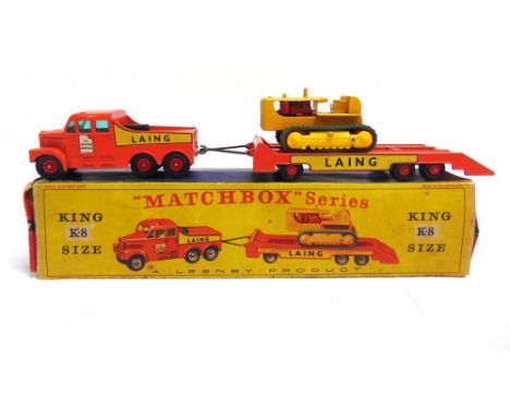A MATCHBOX KING-SIZE NO.K-8, SCAMMELL TRACTOR &amp; TRAILER 'LAING'  orange, with red plastic hubs, complete with D9 Caterpil
