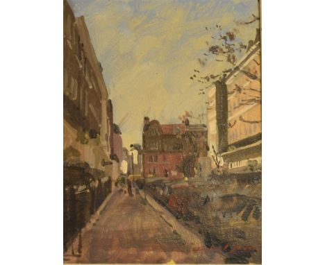 RICHARD FOSTER (B.1945) 'South Terrace towards Thurloe Square' Oil on board Signed lower right, titled in pencil verso 20cm x