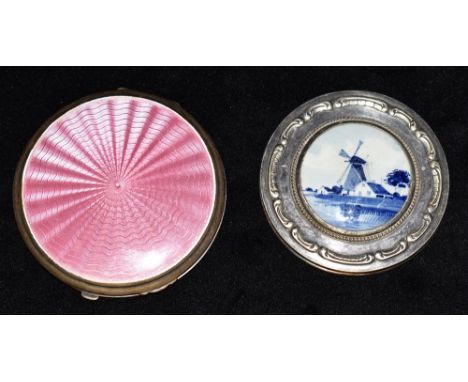 A PINK GUILLOCHE ENAMELLED SILVER COMPACT  hallmarked 1933, 85mm diameter, gross weight approx. 101grams, together with a con