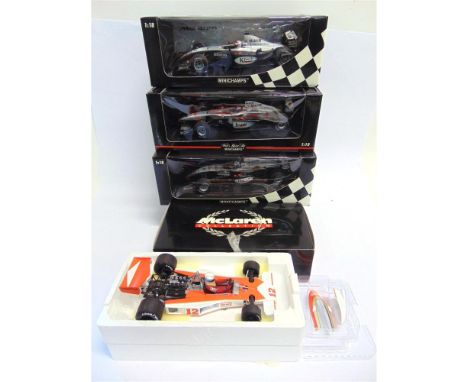 FOUR 1/18 SCALE MINICHAMPS MCLAREN FORMULA 1 RACING CARS  comprising a No.530 761812, McLaren Ford M23, J. Maas, 1976; No.530